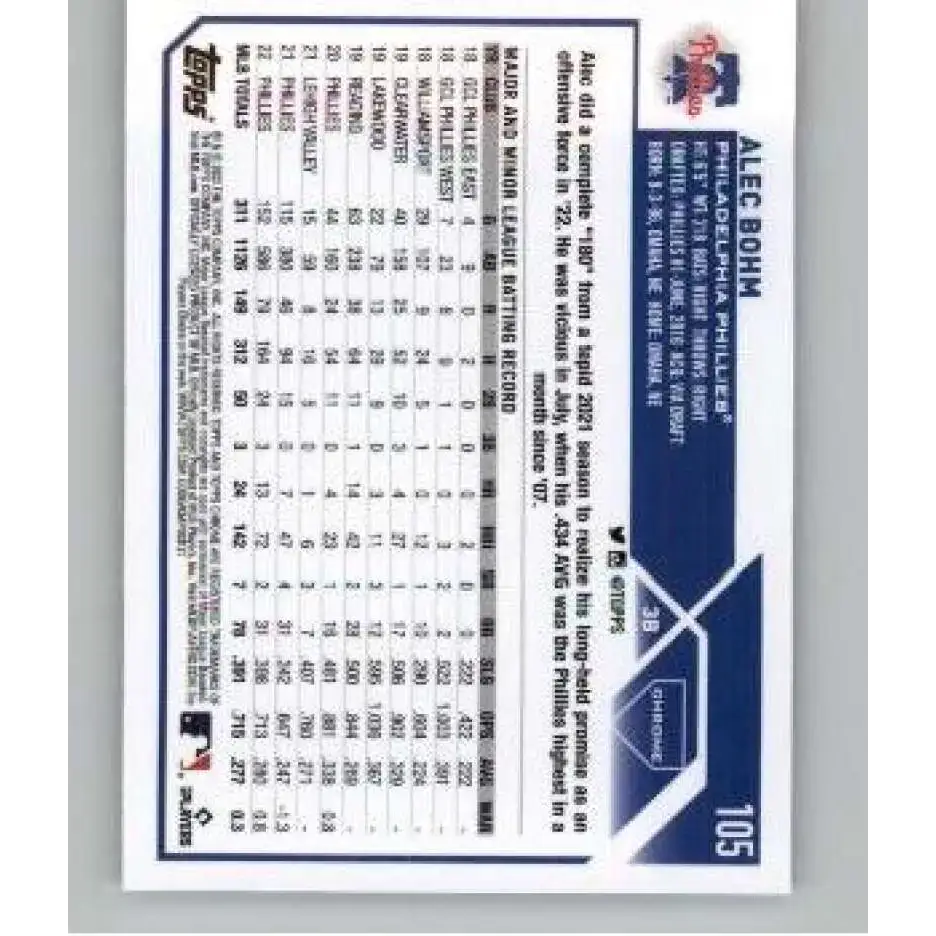 2023 Topps Chrome X-Fractor #105 Alec Bohm NM-MT Philadelphia Phillies Baseball Card - Baseball Card Single