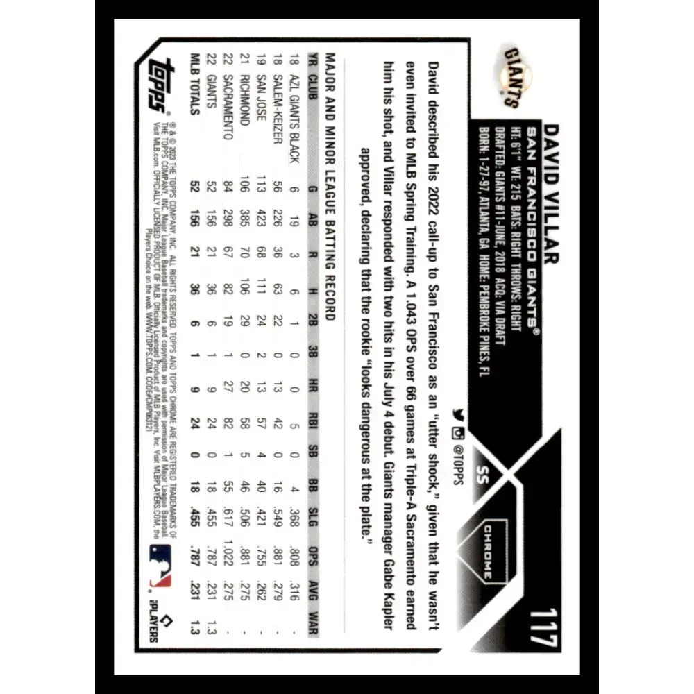 2023 Topps Chrome X-Fractor #117 David Villar NM-MT RC Rookie San Francisco Giants Baseball Card - Baseball Card Single