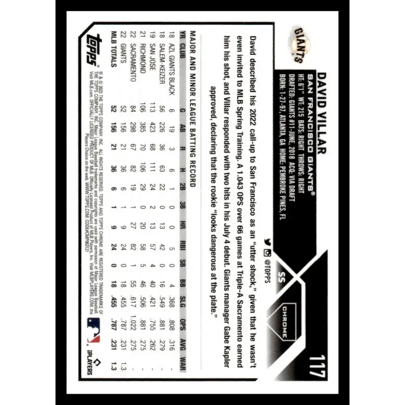 2023 Topps Chrome X-Fractor #117 David Villar NM-MT RC Rookie San Francisco Giants Baseball Card - Baseball Card Single