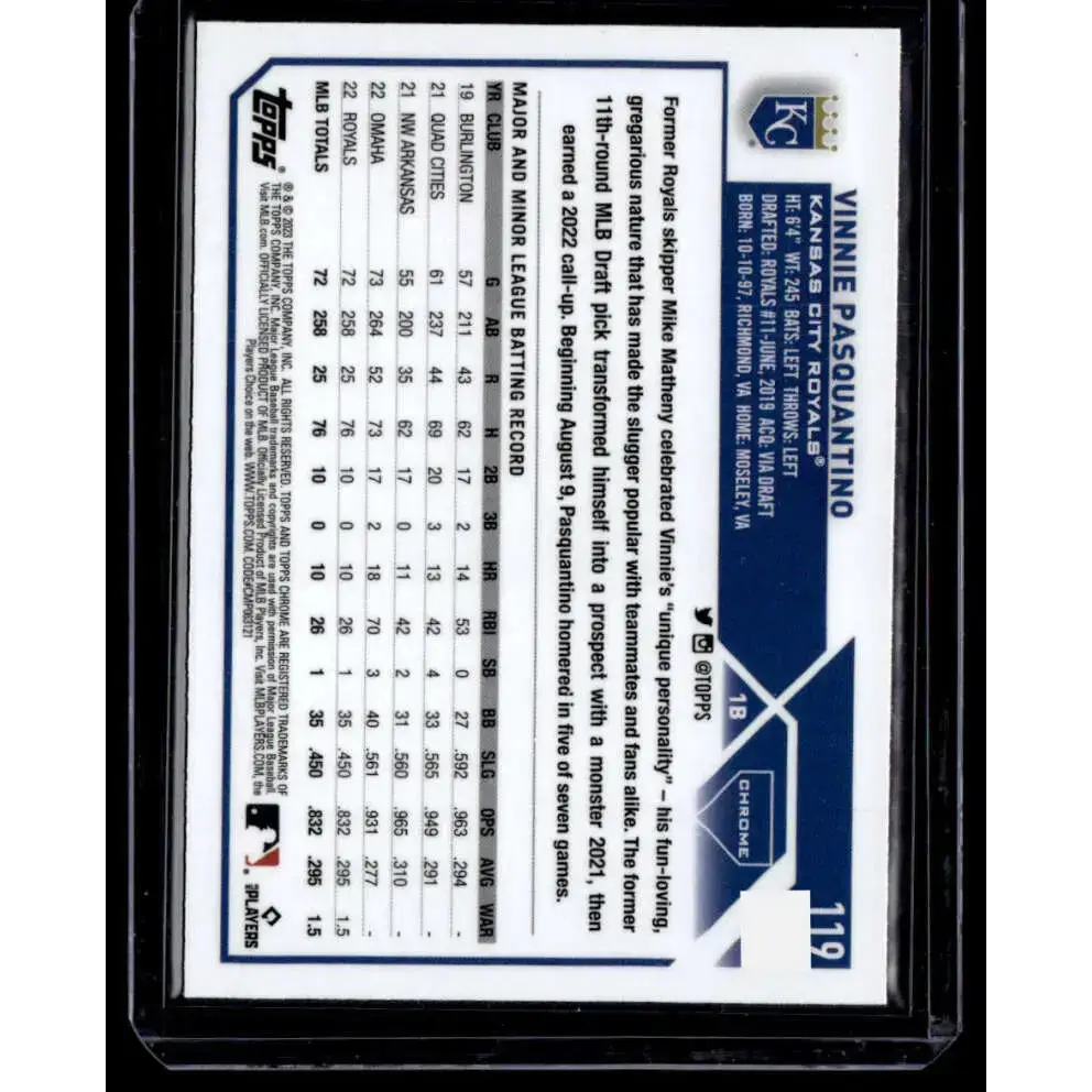 2023 Topps Chrome X-Fractor #119 Vinnie Pasquantino NM-MT RC Rookie Kansas City Royals Baseball Card - Baseball Card