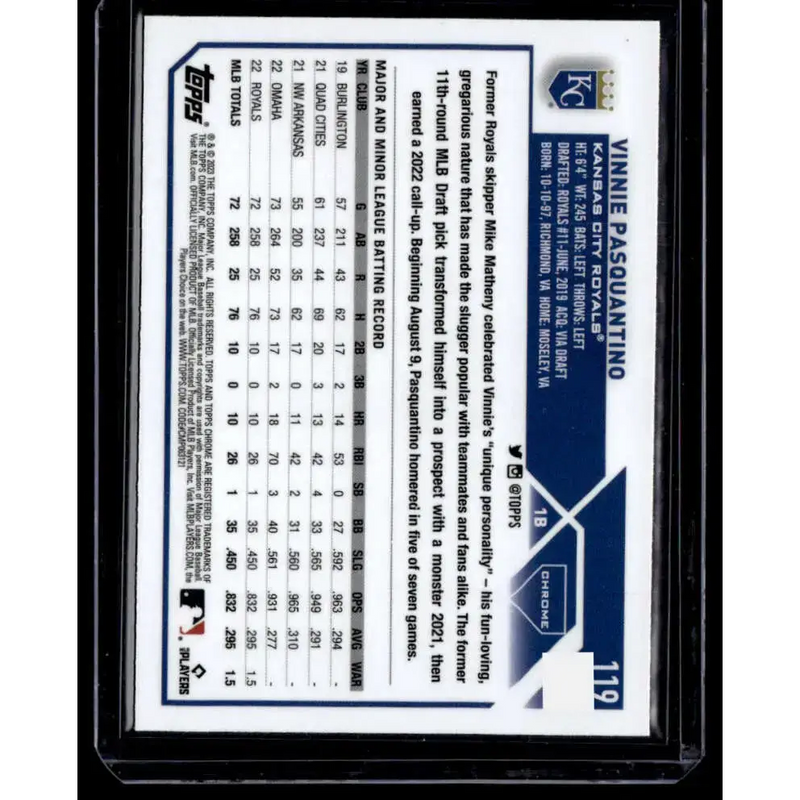 2023 Topps Chrome X-Fractor #119 Vinnie Pasquantino NM-MT RC Rookie Kansas City Royals Baseball Card - Baseball Card