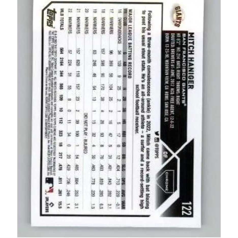 2023 Topps Chrome X-Fractor #122 Mitch Haniger NM-MT San Francisco Giants Baseball Card - Baseball Card Single