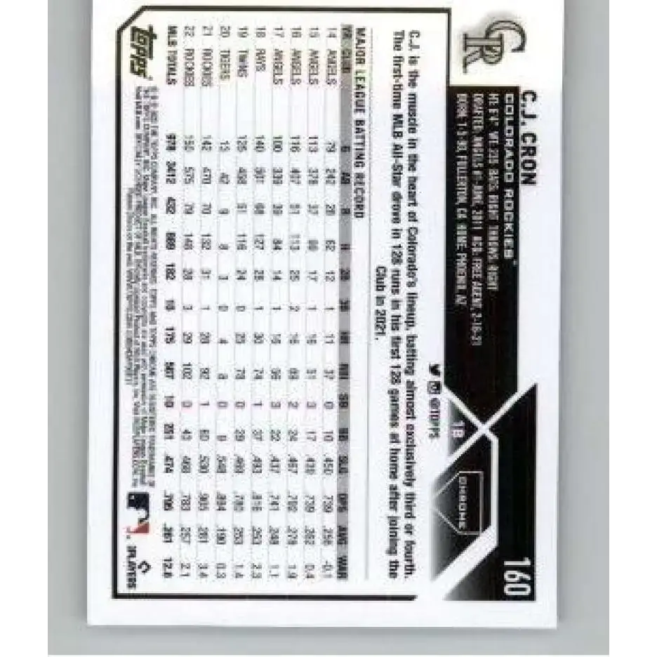2023 Topps Chrome X-Fractor #160 C.J. Cron NM-MT Colorado Rockies Baseball Card - Baseball Card Single