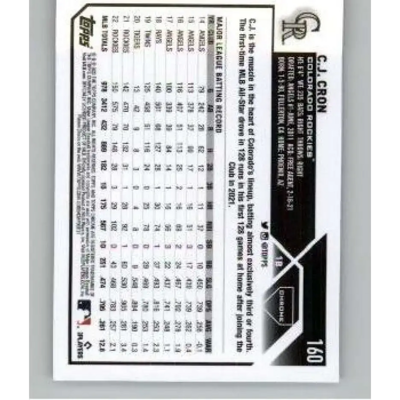 2023 Topps Chrome X-Fractor #160 C.J. Cron NM-MT Colorado Rockies Baseball Card - Baseball Card Single