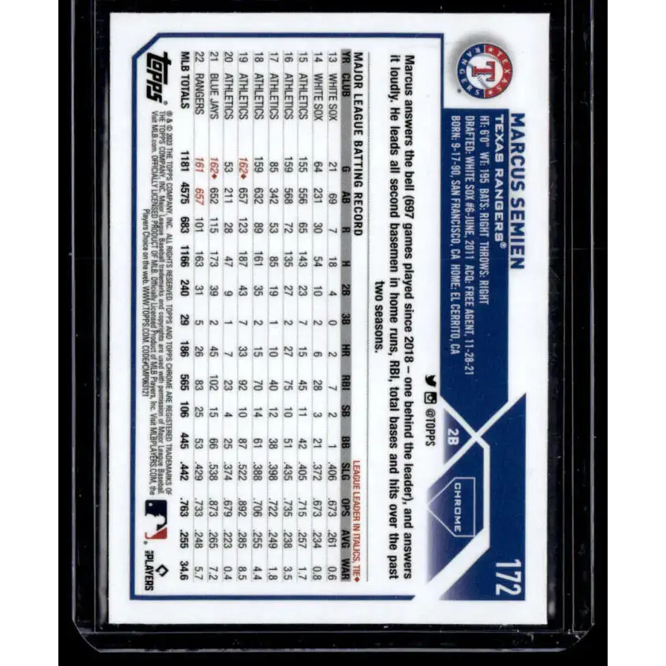 2023 Topps Chrome X-Fractor #172 Marcus Semien NM-MT Texas Rangers Baseball Card - Baseball Card Single