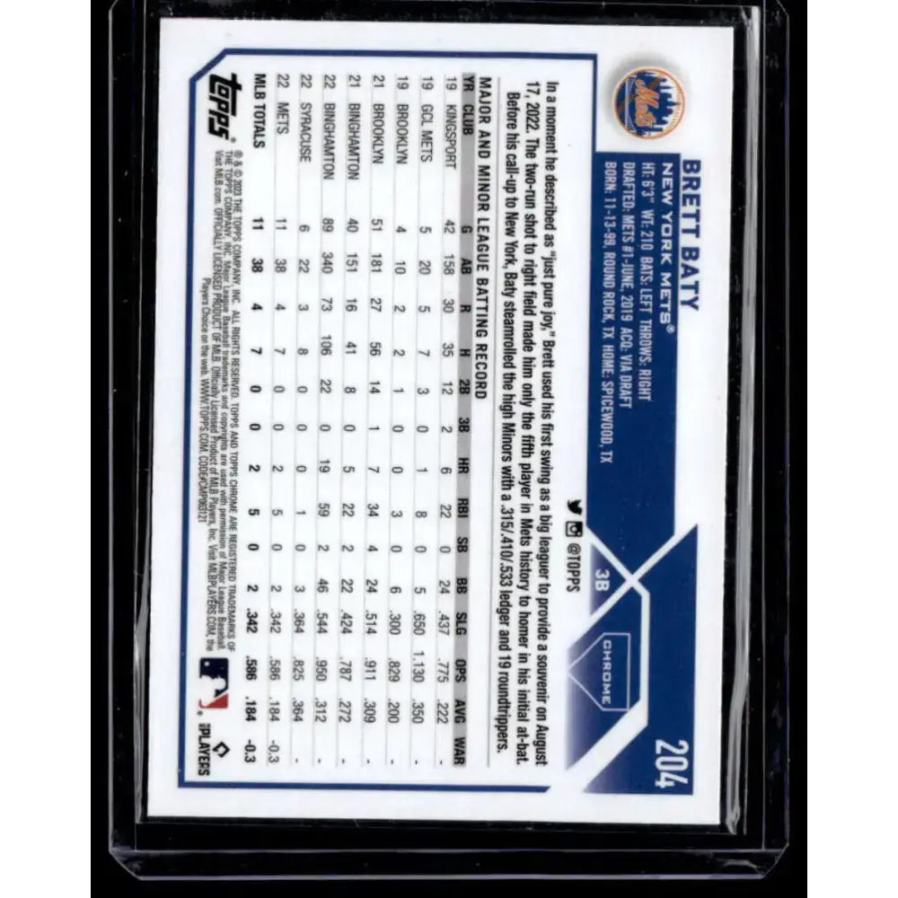 2023 Topps Chrome X-Fractor #204 Brett Baty NM-MT RC Rookie New York Mets Baseball Card - Baseball Card Single