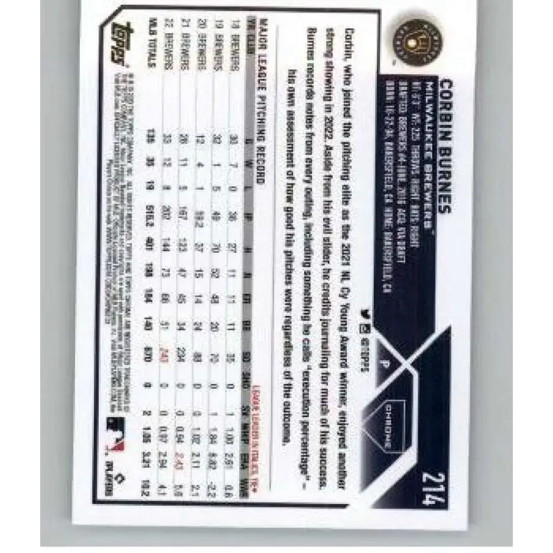 2023 Topps Chrome X-Fractor #214 Corbin Burnes NM-MT Milwaukee Brewers Baseball Card - Baseball Card Single
