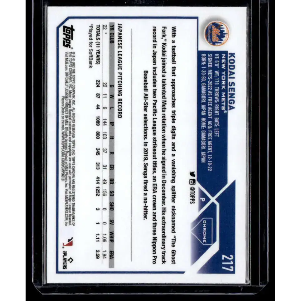 2023 Topps Chrome X-Fractor #217 Kodai Senga NM-MT RC Rookie New York Mets Baseball Card - Baseball Card Single
