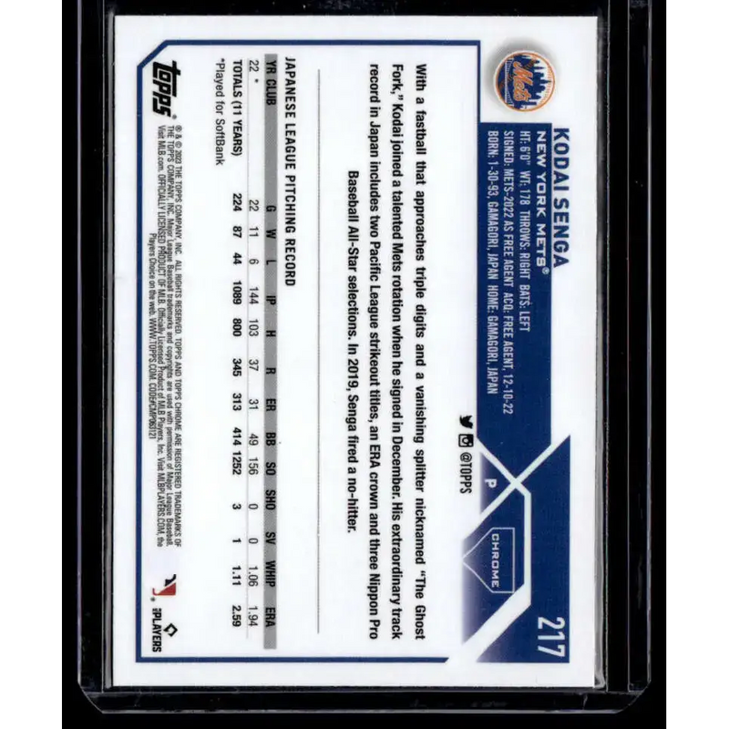 2023 Topps Chrome X-Fractor #217 Kodai Senga NM-MT RC Rookie New York Mets Baseball Card - Baseball Card Single