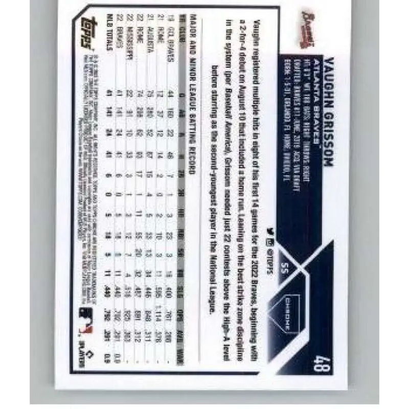 2023 Topps Chrome X-Fractor #48 Vaughn Grissom NM-MT RC Rookie Atlanta Braves Baseball Card - Baseball Card Single