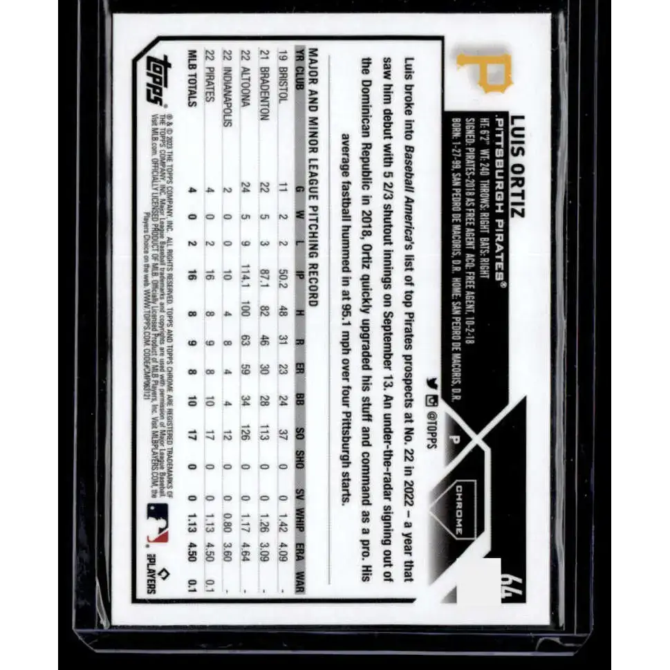 2023 Topps Chrome X-Fractor #64 Luis Ortiz NM-MT RC Rookie Pittsburgh Pirates Baseball Card - Baseball Card Single