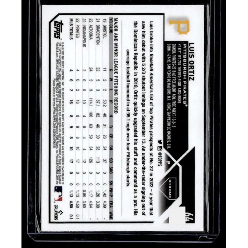 2023 Topps Chrome X-Fractor #64 Luis Ortiz NM-MT RC Rookie Pittsburgh Pirates Baseball Card - Baseball Card Single