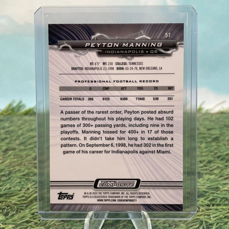 Peyton Manning trading card featuring Sky Blue and Pink Resurgence Laser design