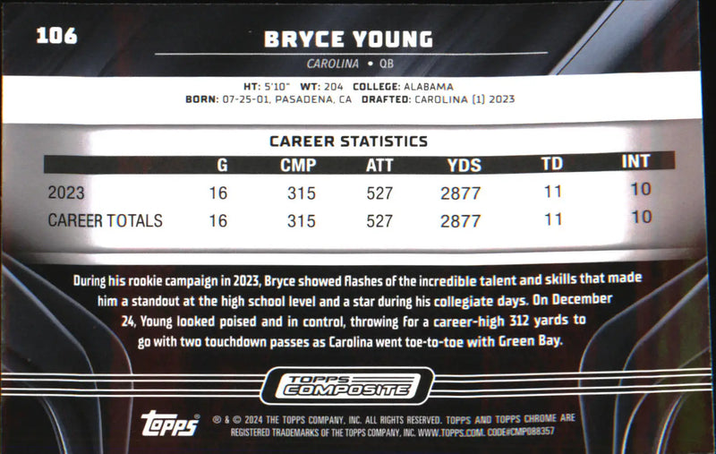 2023 Topps Composite Topps Chrome Black #106 Bryce Young Rookie Rookie - Football Card Single