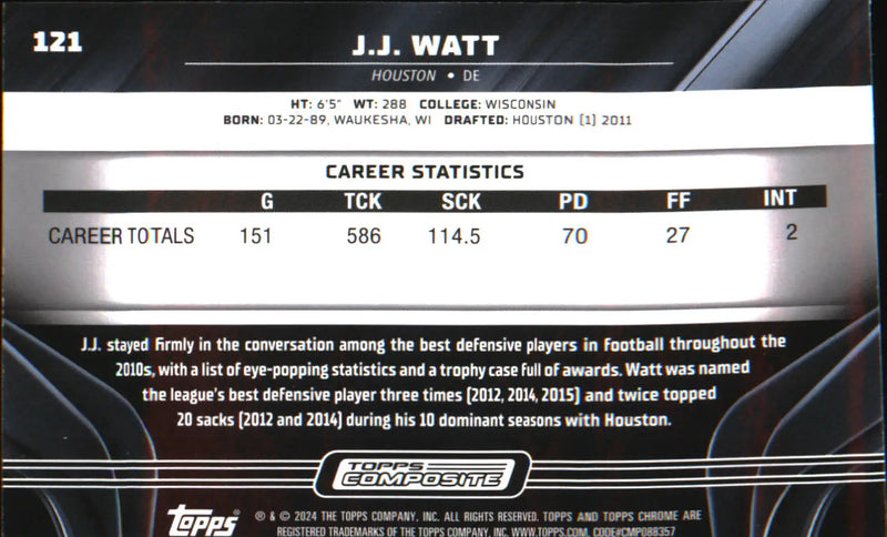 2023 Topps Composite Chrome Black #121 J.J. Watt - Football Card Single