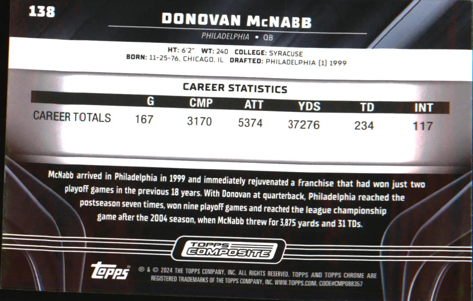 2023 Topps Composite Topps Chrome Black #138 Donovan McNabb - Football Card Single
