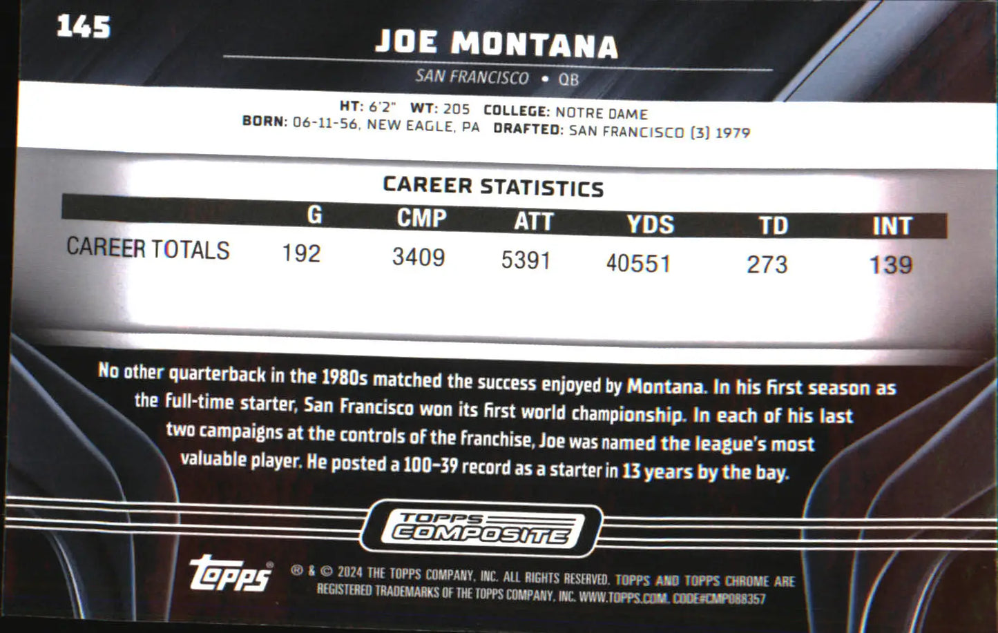 2023 Topps Composite Topps Chrome Black #145 Joe Montana - Football Card Single