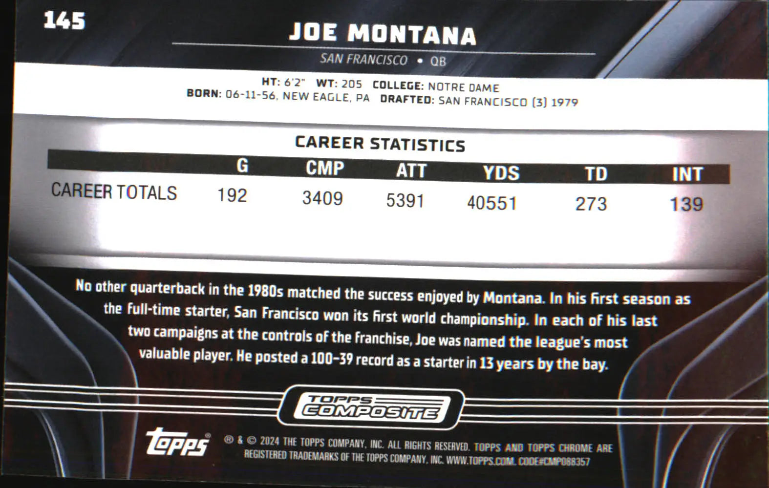 2023 Topps Composite Topps Chrome Black #145 Joe Montana - Football Card Single