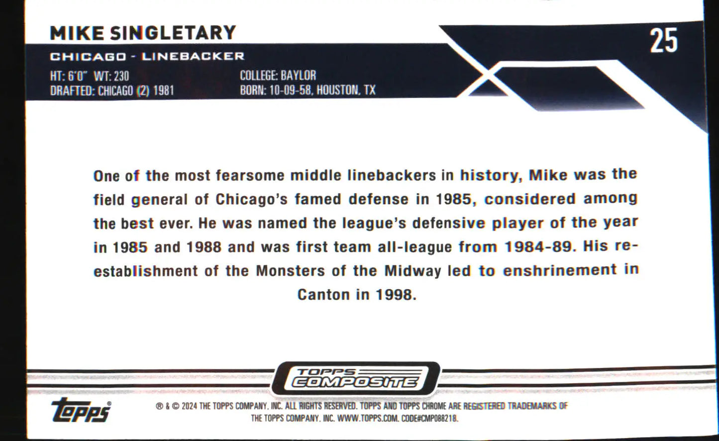 2023 Topps Composite Topps Chrome X-Fractor #25 Mike Singletary - Football Card Single