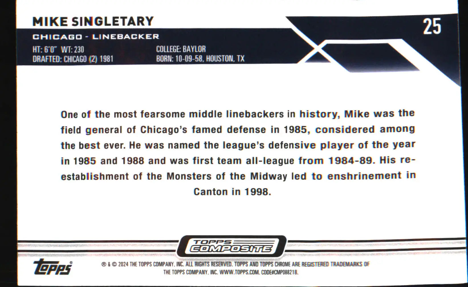 2023 Topps Composite Topps Chrome X-Fractor #25 Mike Singletary - Football Card Single