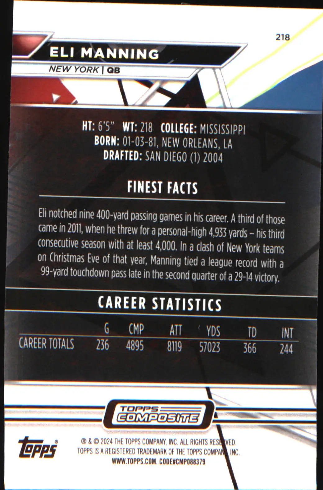 2023 Topps Composite Finest #218 Eli Manning - Football Card Single