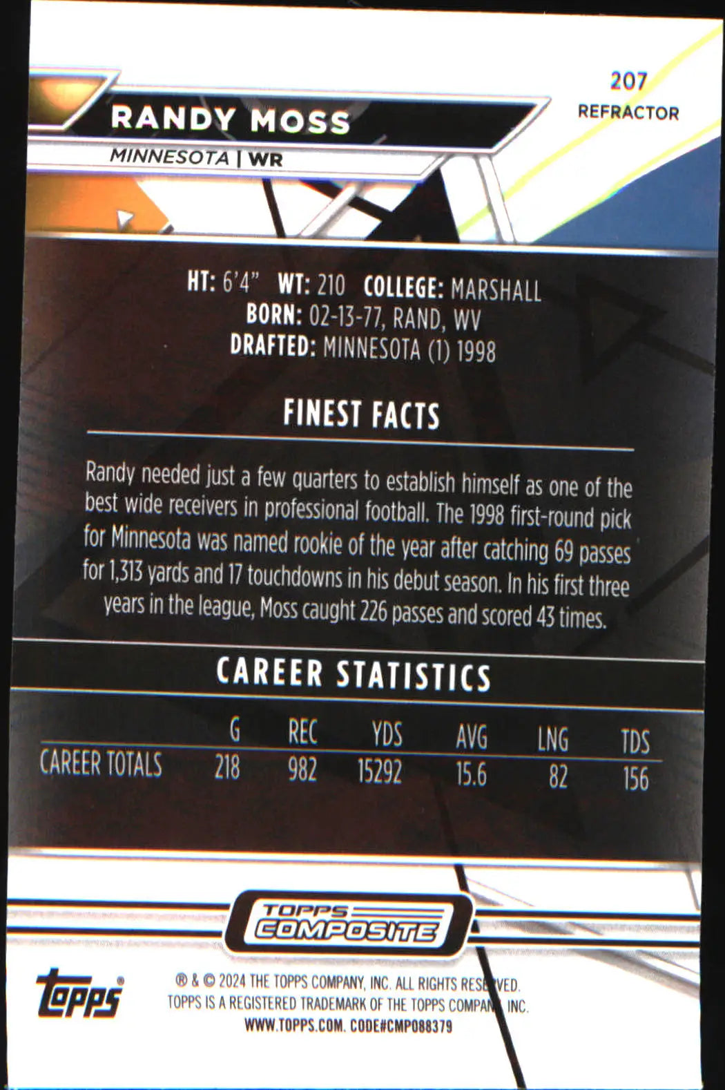 2023 Topps Composite Finest Refractor #207 Randy Moss - Football Card Single