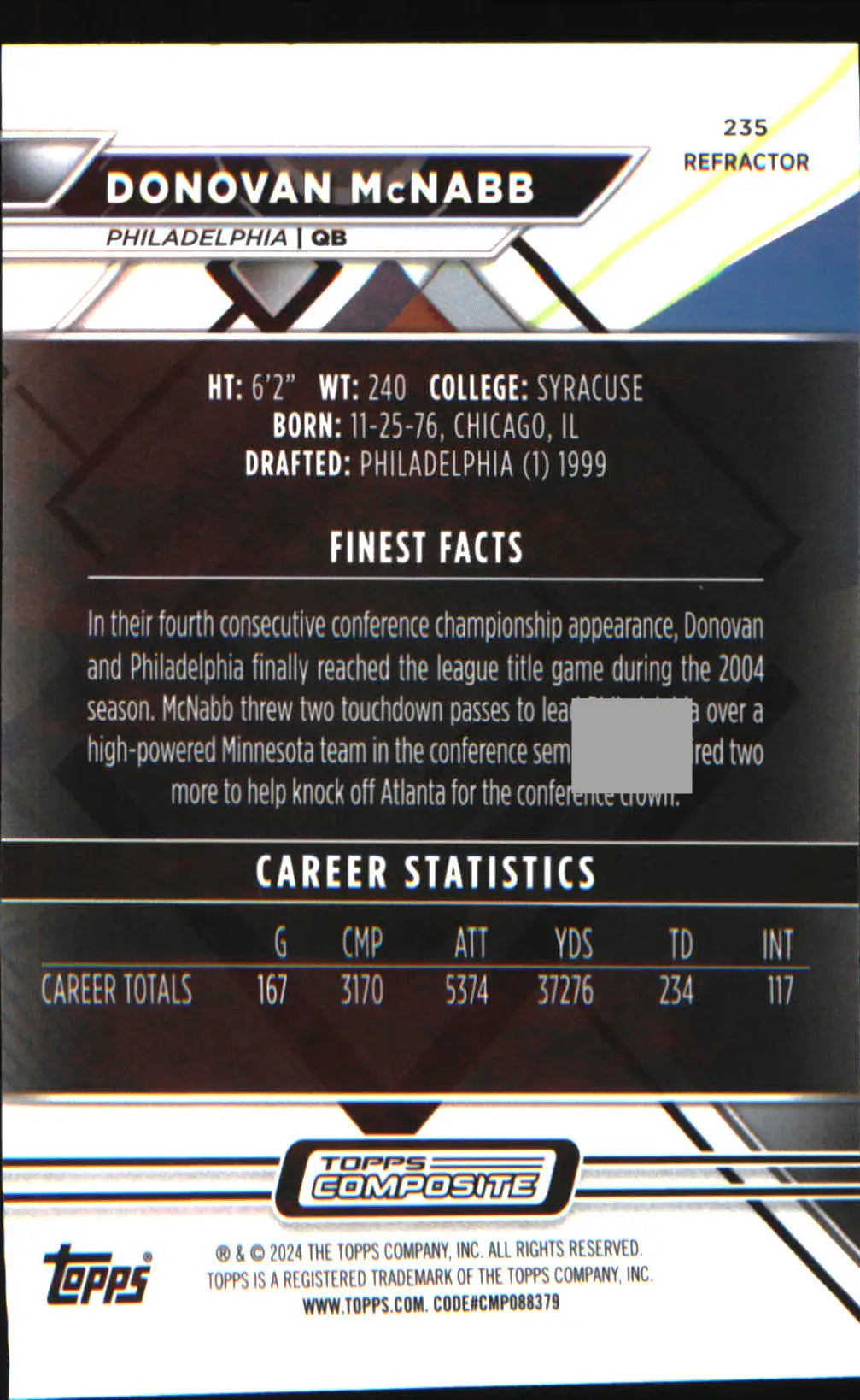 2023 Topps Composite Finest Refractor #235 Donovan McNabb - Football Card Single