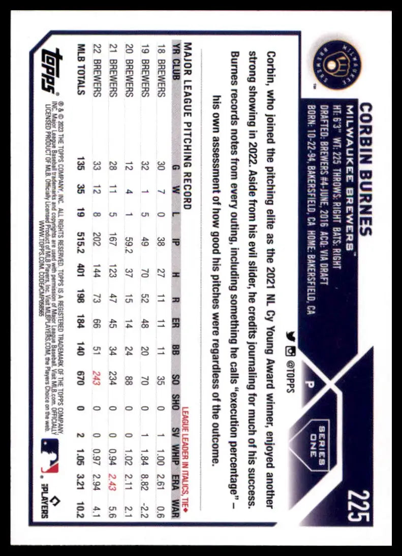 2023 Topps Corbin Burnes 225 Milwaukee Brewers Baseball NM - Baseball Card Single