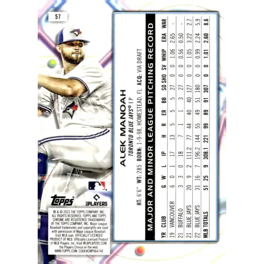 2023 Topps Cosmic Chrome #57 Alek Manoah NM-MT Toronto Blue Jays Baseball Card - Baseball Card Single