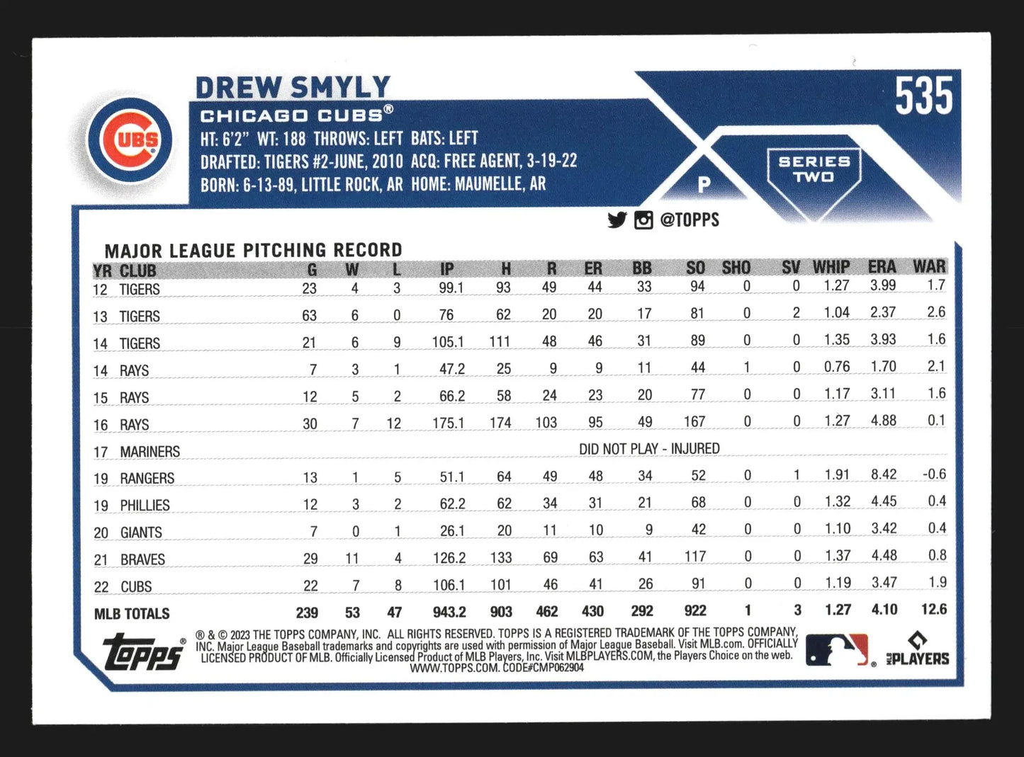 2023 Topps Drew Smyly #535 Chicago Cubs - Baseball Card Single