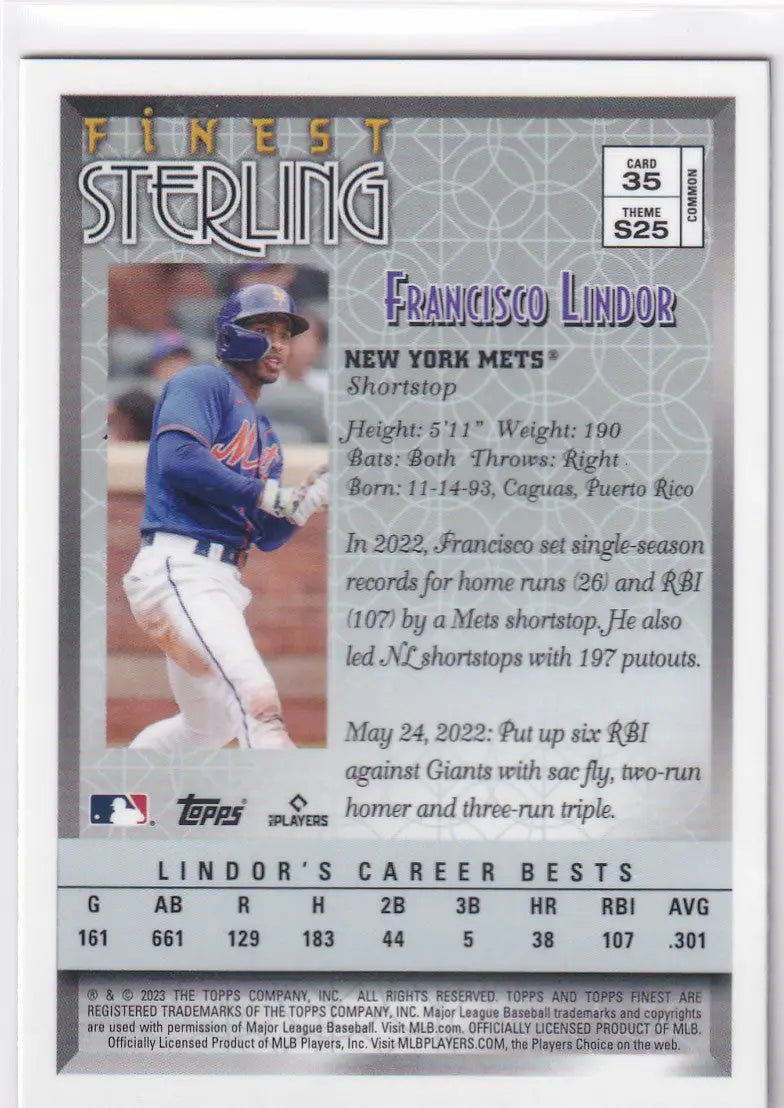 2023 TOPPS FINEST #35 FRANCISCO LINDOR STERLING- NEW YORK METS - Baseball Card Single