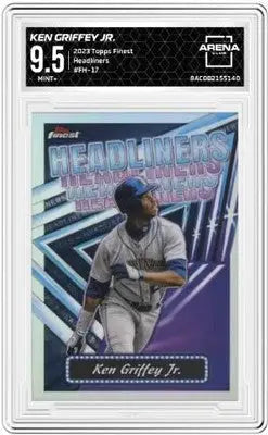 A graded 2023 Topps Finest Ken Griffey Jr Headliners baseball card in Arena Club 9.5