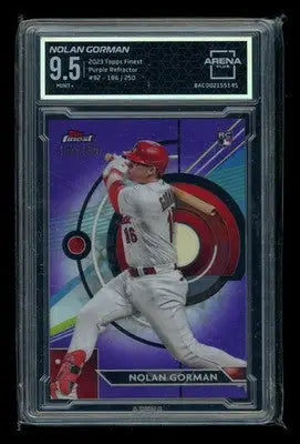 2023 Topps Finest Nolan Gorman #92 Purple Refractor RC 186/250 Arena Club 9.5