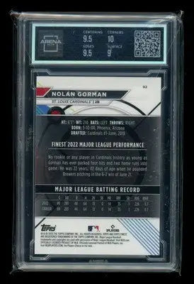 2023 Topps Finest Nolan Gorman #92 Purple Refractor RC 186/250 Arena Club 9.5