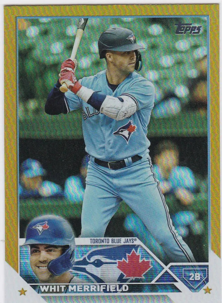 Baseball card of Whit Merrifield Toronto Blue Jays in Topps Gold Foil design