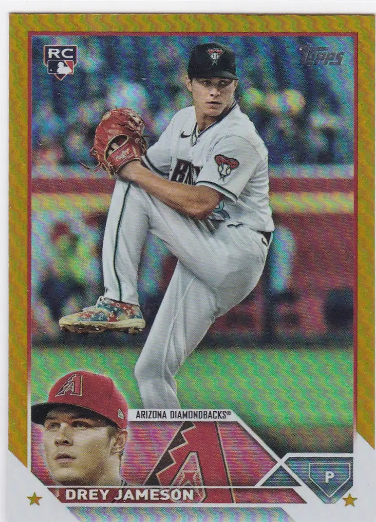 Baseball trading card of Drey Jameson RC Arizona in white uniform for Topps Gold Foil
