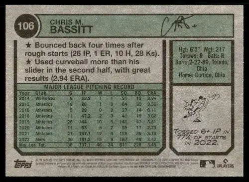 2023 Topps Heritage Chris Bassitt baseball card back with original gloss and blue jays info