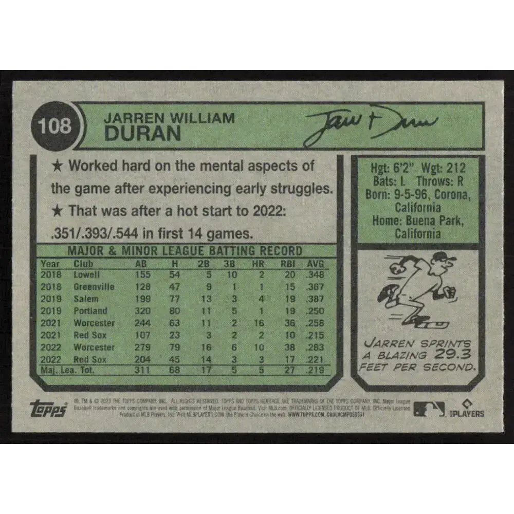 2023 Topps Heritage #108 Jarren Duran NM-MT Boston Red Sox Baseball Card - Baseball Card