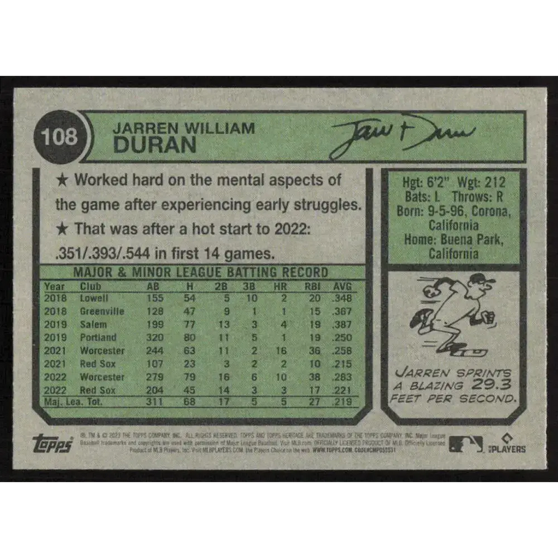 2023 Topps Heritage #108 Jarren Duran NM-MT Boston Red Sox Baseball Card - Baseball Card Single