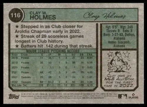 2023 Topps Heritage #116 Clay Holmes NM-MT Yankees ID:73377 - Baseball Card Single