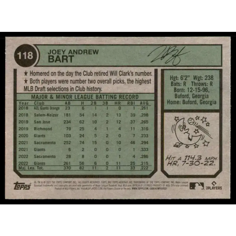 2023 Topps Heritage #118 Joey Bart NM-MT San Francisco Giants Baseball Card - Baseball Card Single