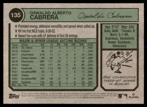 2023 Topps Heritage #135 Oswaldo Cabrera NM Near Mint RC Rookie Yankees ID:65257 - Baseball Card Single