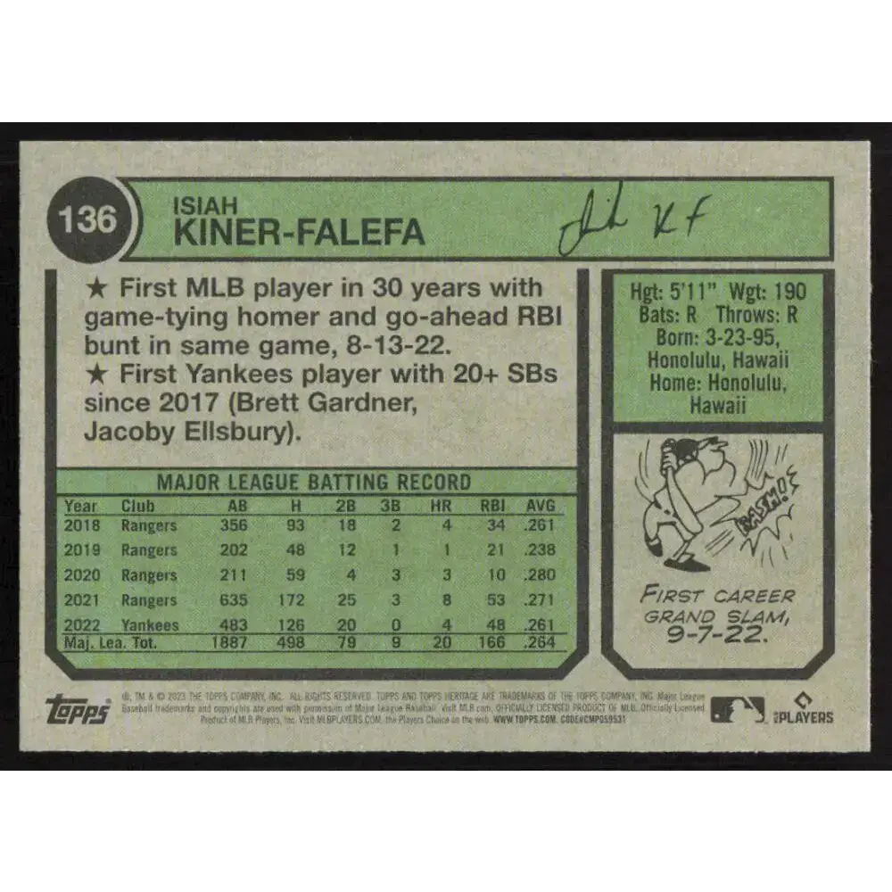 2023 Topps Heritage #136 Isiah Kiner-Falefa NM-MT New York Yankees Baseball Card - Baseball Card