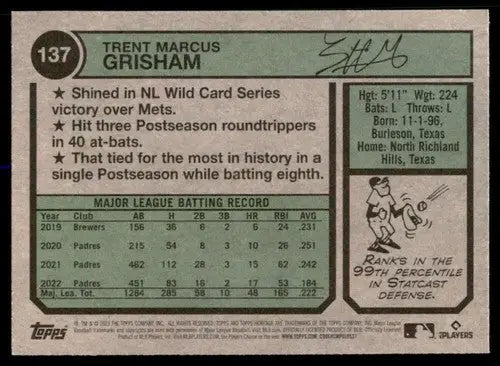 2023 Topps Heritage #137 Trent Grisham NM-MT Padres ID:73379 - Baseball Card Single