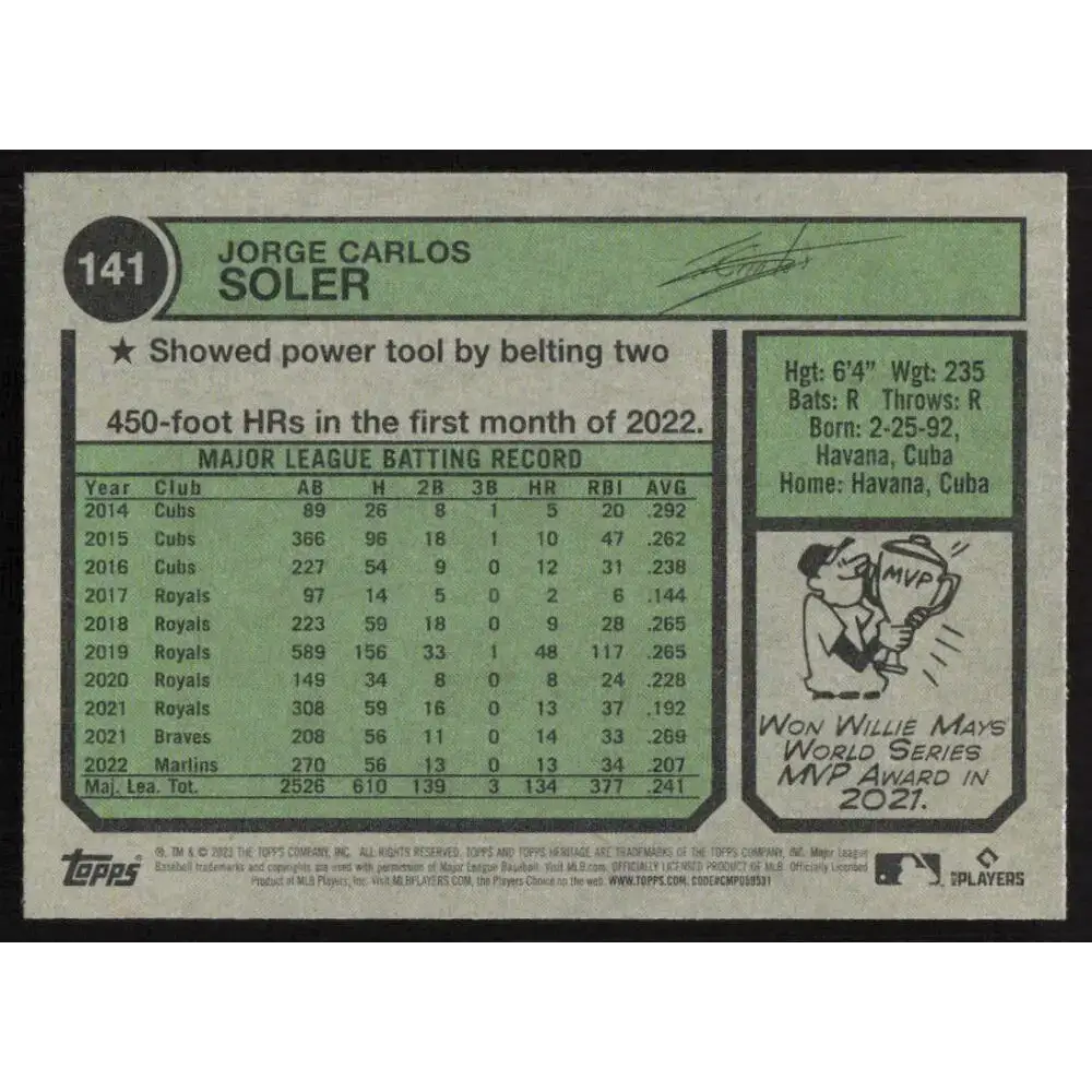 2023 Topps Heritage #141 Jorge Soler NM-MT Miami Marlins Baseball Card - Trading Cards