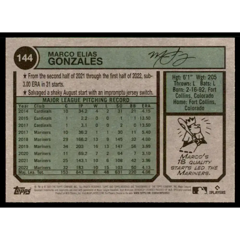 2023 Topps Heritage #144 Marco Gonzales NM-MT Seattle Mariners Baseball Card - Baseball Card Single