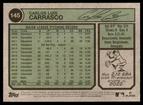 2023 Topps Heritage #145 Carlos Carrasco NM-MT Mets ID:73381 - Baseball Card Single