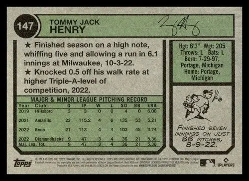 2023 Topps Heritage #147 Tommy Henry NM Near Mint RC Rookie Diamondback ID:65260 - Baseball Card Single