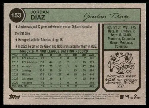 2023 Topps Heritage #153 Jordan Diaz NM-MT RC Rookie Athletics ID:73384 - Baseball Card Single