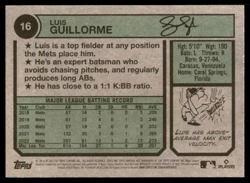 2023 Topps Heritage #16 Luis Guillorme NM Near Mint Mets ID:65223 - Baseball Card Single